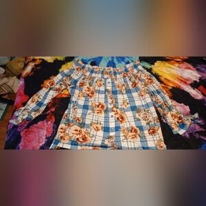 Liberty Love White And Blue Floral Off the Shoulder Casual Blouse